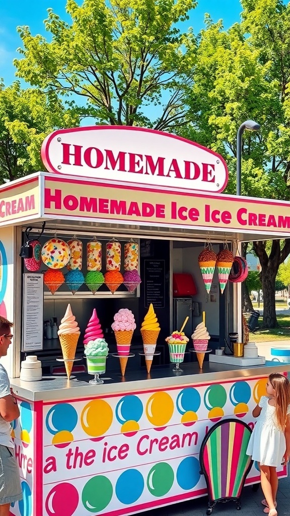 A colorful ice cream kiosk with various flavors of ice cream in cones and cups, set in a sunny park.
